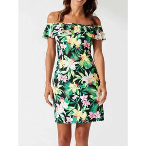 Tommy Bahama Floral Off-Shoulder Mini Dress - Black, Green, Yellow, Pink